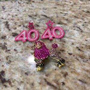 2 Pc Bundle Pretty In Pink #40 Dangling Earrings &  Rhinestone Poodle Brooch Pin